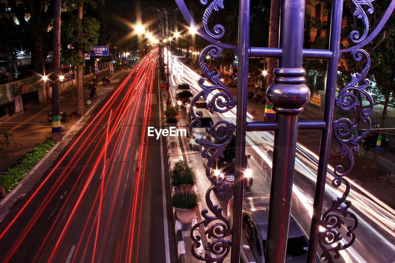 High angle view of light trails on street at night