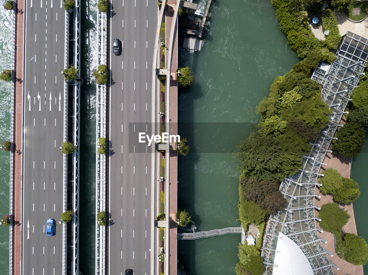 High angle view of river amidst buildings