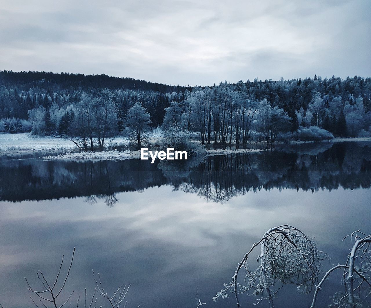 Scenic view of lake against sky during winter