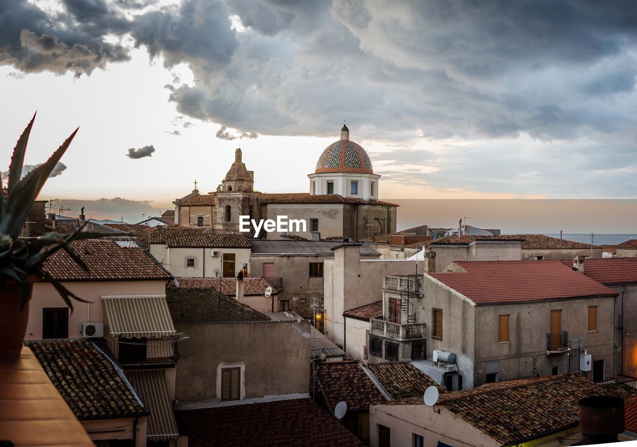 Church Cloud Dark Historic City Historical Building Mediterranean  Terrace View Cariati from the rooftop High Angle View Italy Religion Sea Sky Sunset