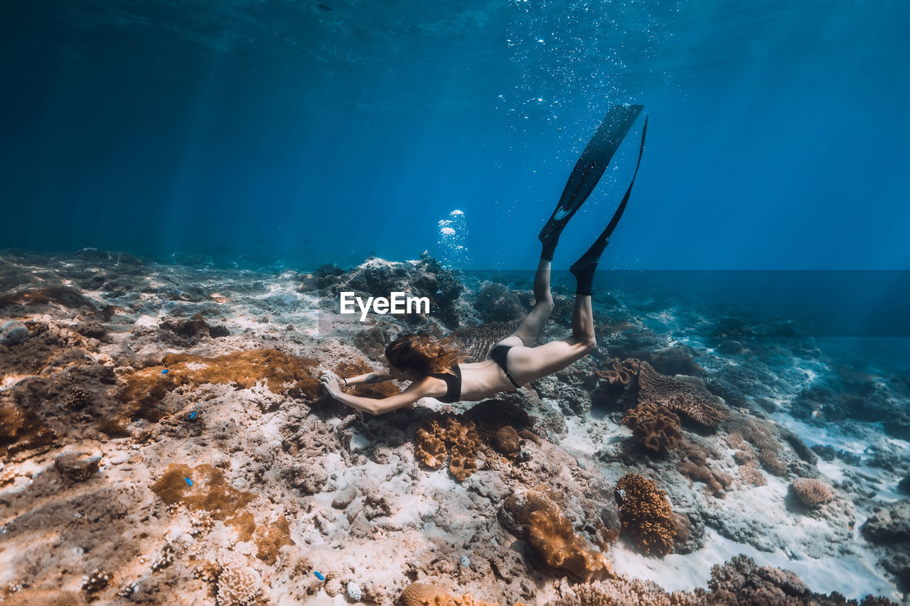 high angle view of man swimming in sea