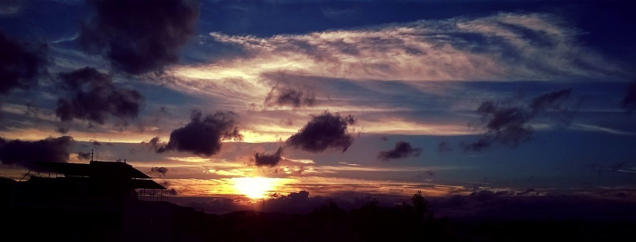 Panoramic view of silhouette landscape against sunset sky