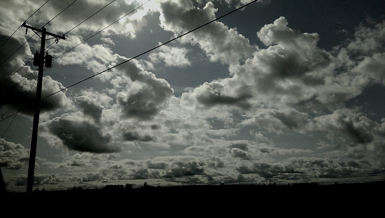 Power lines against cloudy sky