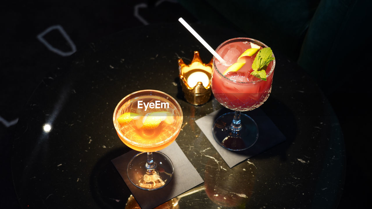High angle view of food on cocktails