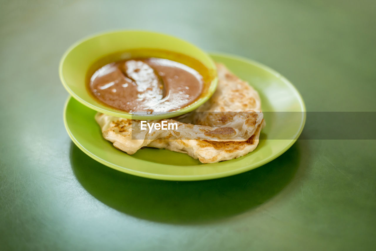 High angle view of food served in plate on table