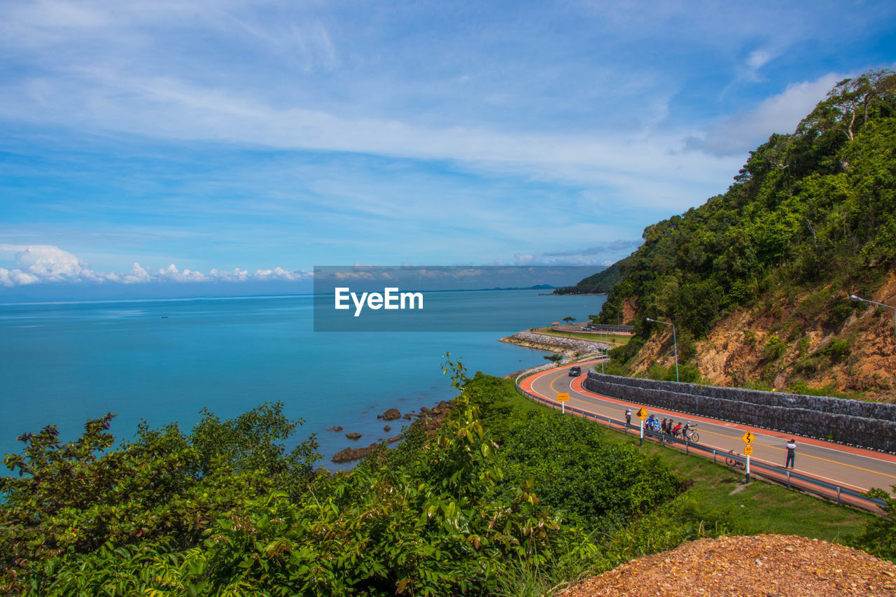 HIGH ANGLE VIEW OF BAY AGAINST CLEAR SKY