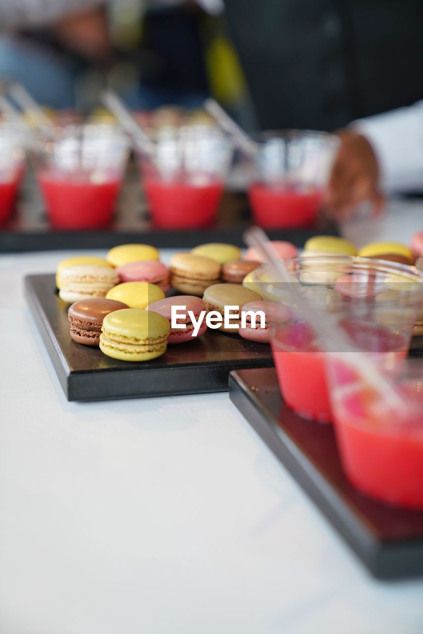 Close-up of macaroons food on buffet