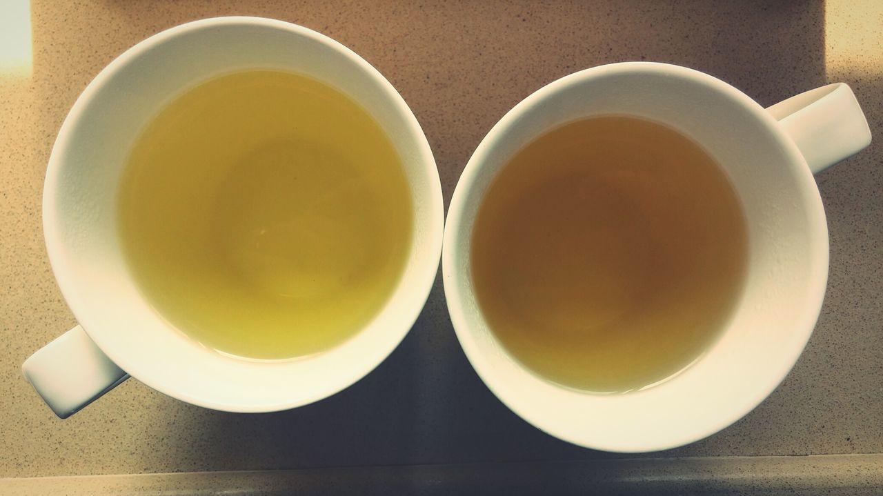 High angle view of two cups of tea