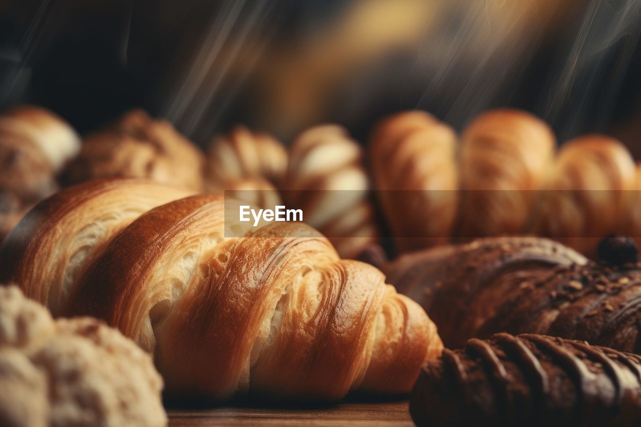food and drink, food, baked, freshness, french food, croissant, dessert, bread, store, bakery, close-up, viennoiserie, no people, indoors, still life, baked pastry item, selective focus, large group of objects, bun, brown, sweet food, fast food, abundance, table, loaf of bread