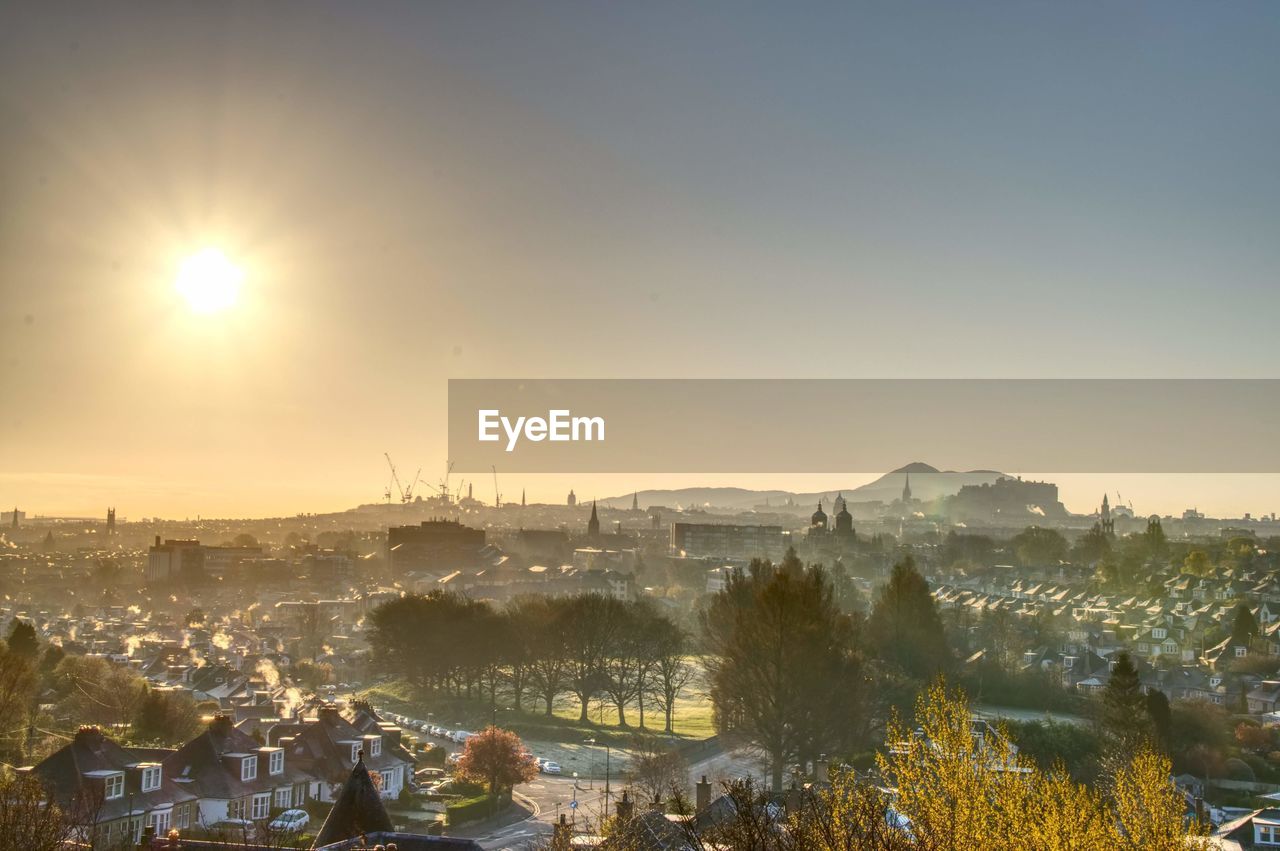 High angle view of edinburgh at sunset