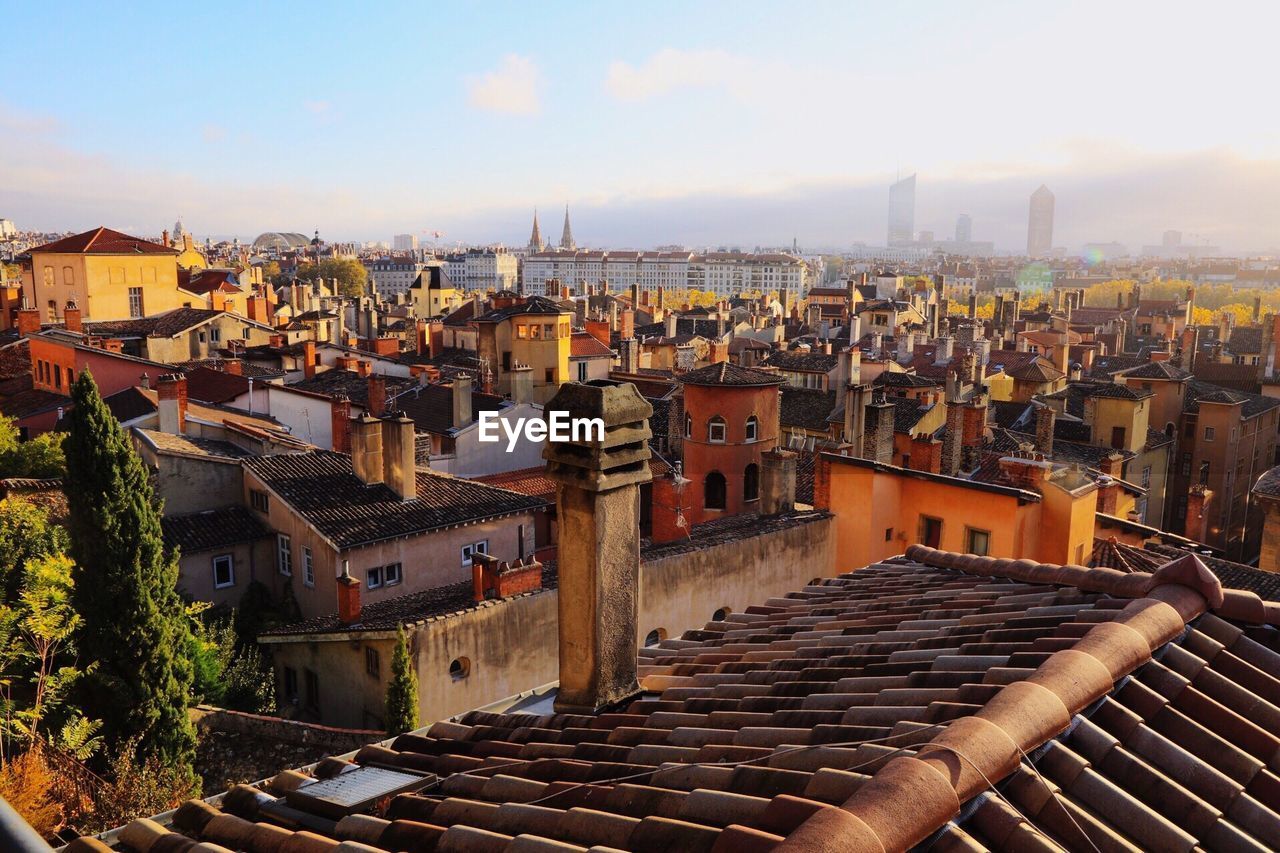 High angle view of cityscape against sky