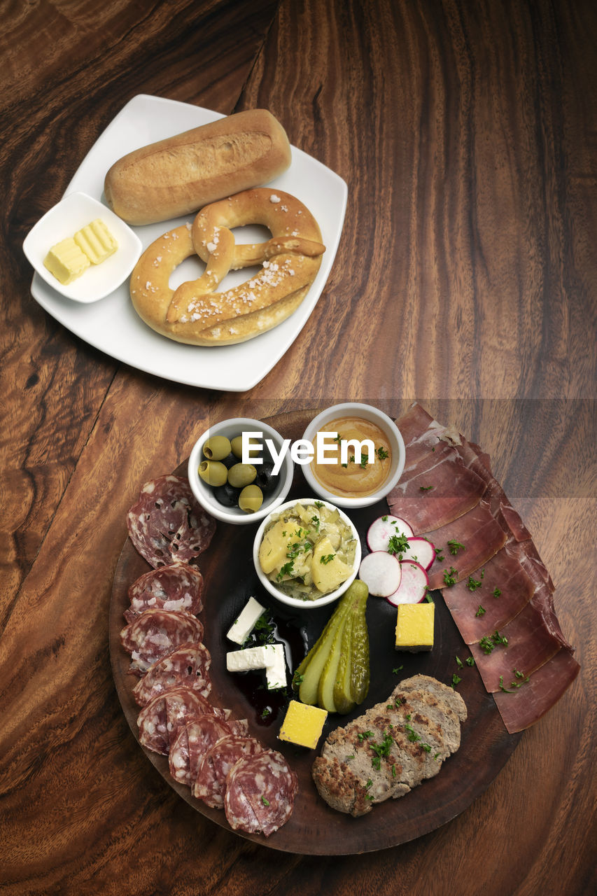 high angle view of food served on table