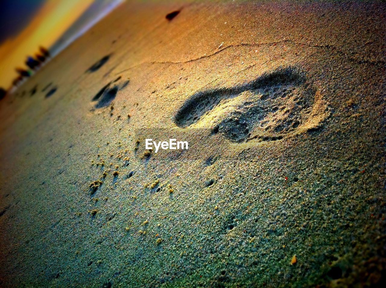 Close-up of footprint on sand at beach