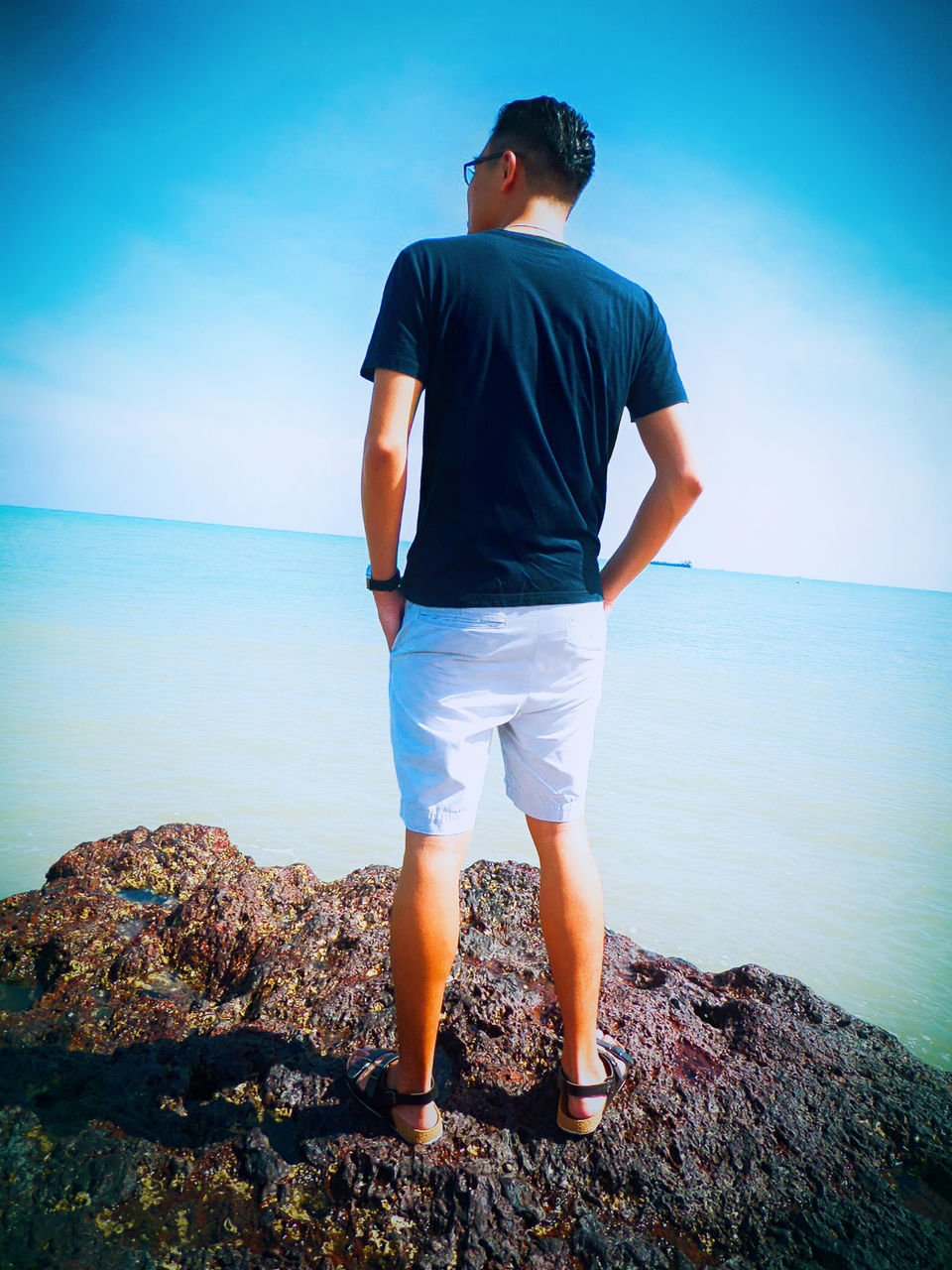 Rear view of man standing on beach