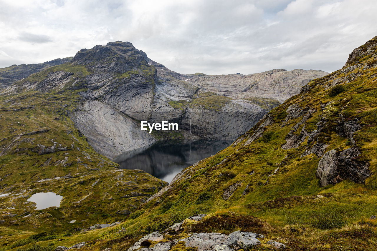 scenic view of mountains against cloudy sky