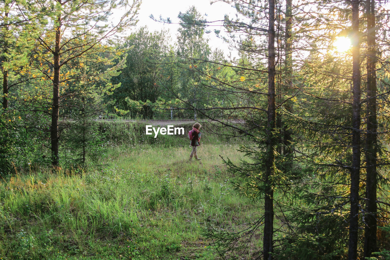 Little girl in casual clothes walks in the taiga forest