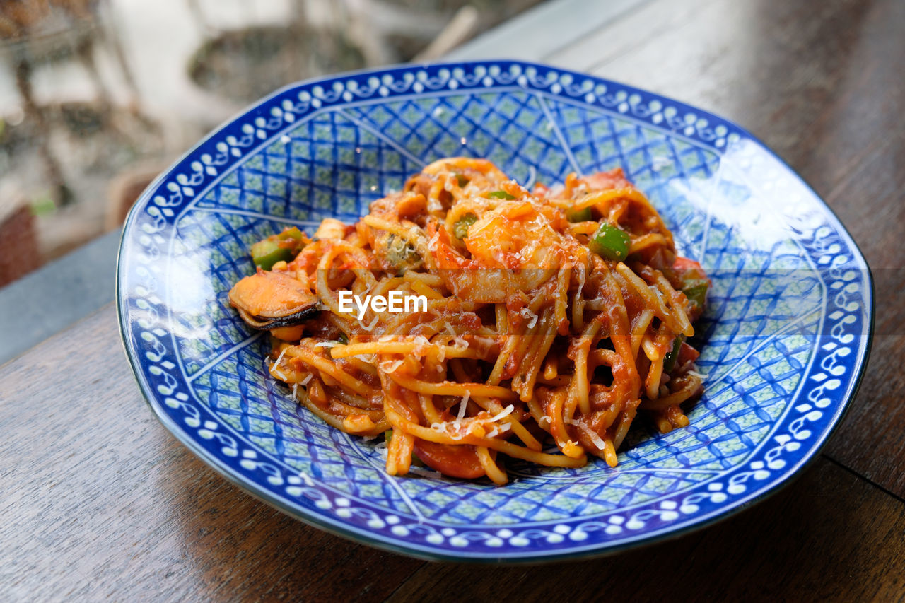 Close-up of food served in plate on table