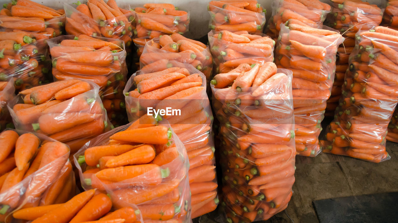 Bags with young fresh carrot prepared for sale. freshly harvested. growing organic vegetables