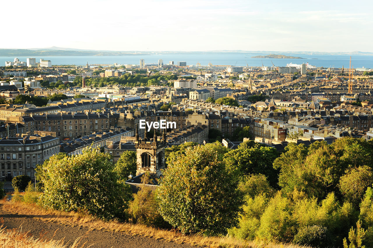 High angle view of cityscape of edinburgh against sky