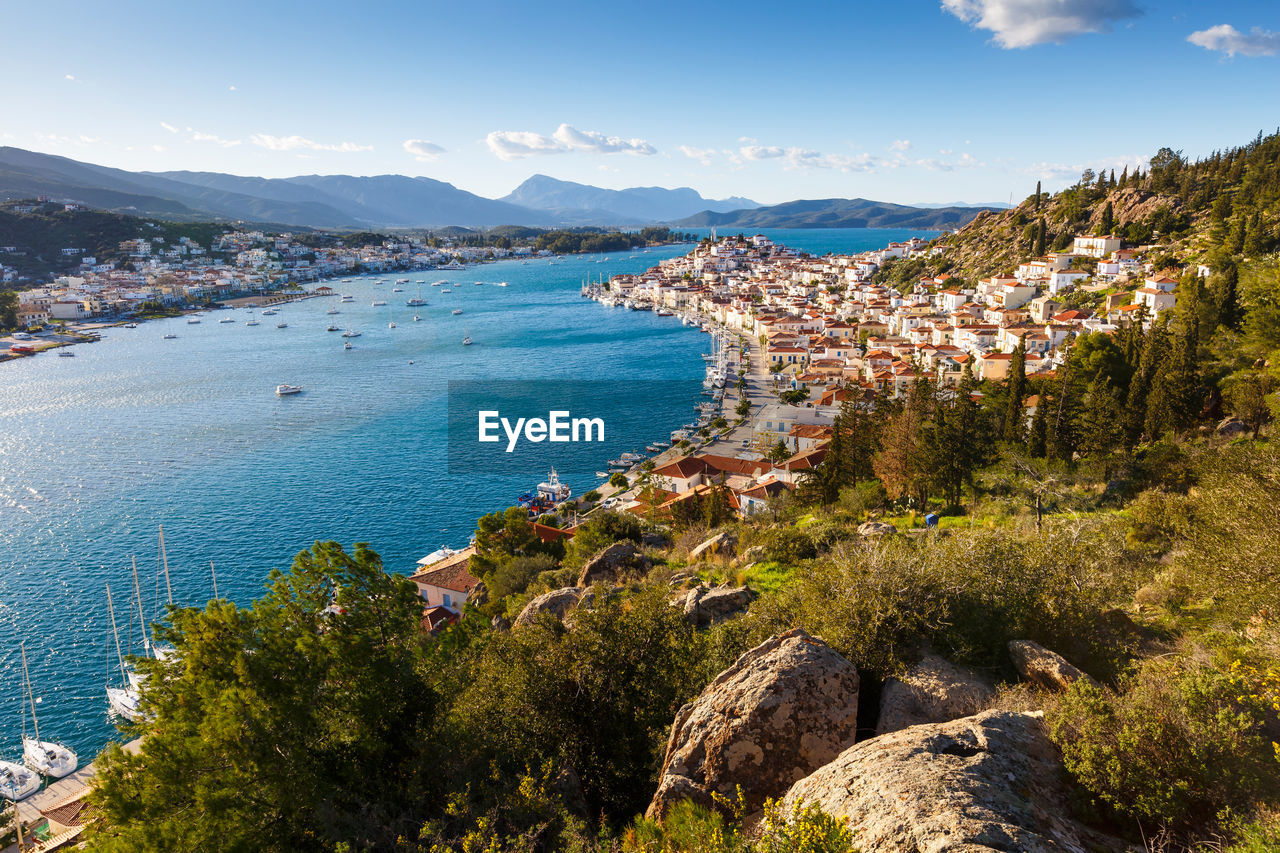 View of poros island and mountains of peloponnese peninsula in greece.