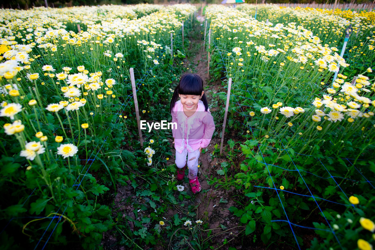Full length of cute girl standing amidst flowering plants
