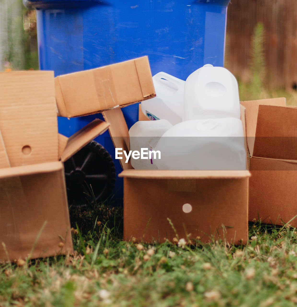 Environmental conservation concept, recycling, cardboard, plastic, and metal cans