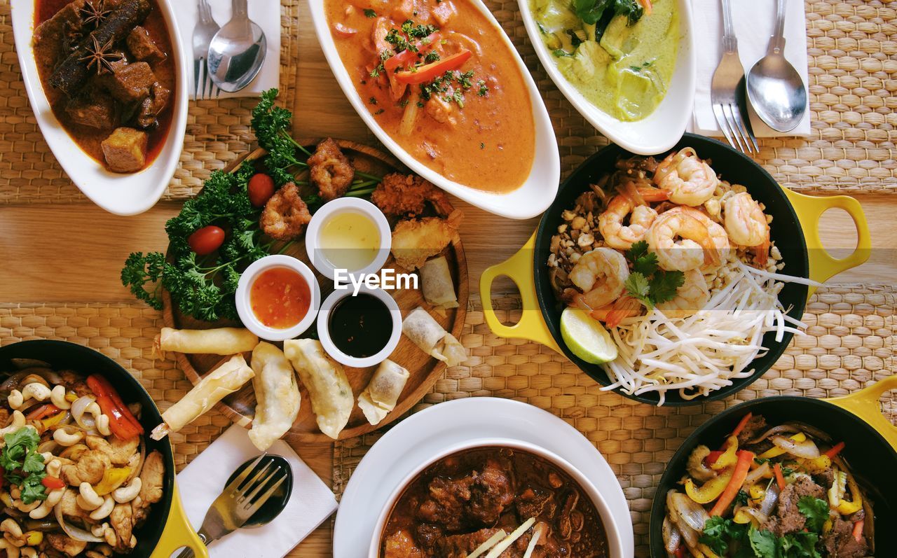 High angle view of food served on table