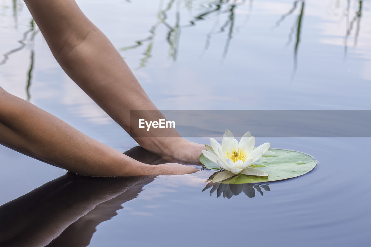 Low section of person standing by swimming pool in lake