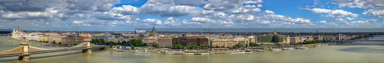 Panoramic view of the danube river and the embankment of budapest, hungary, on a summer morning