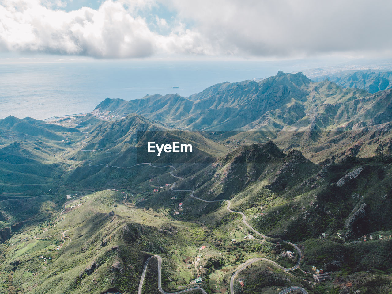 High angle view of mountain range against sky