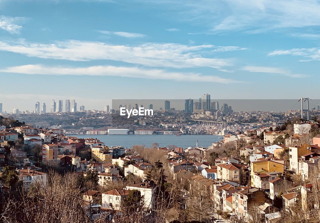 Aerial view of buildings in city against sky