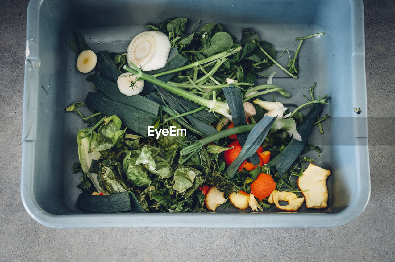 High angle view of vegetables in crate