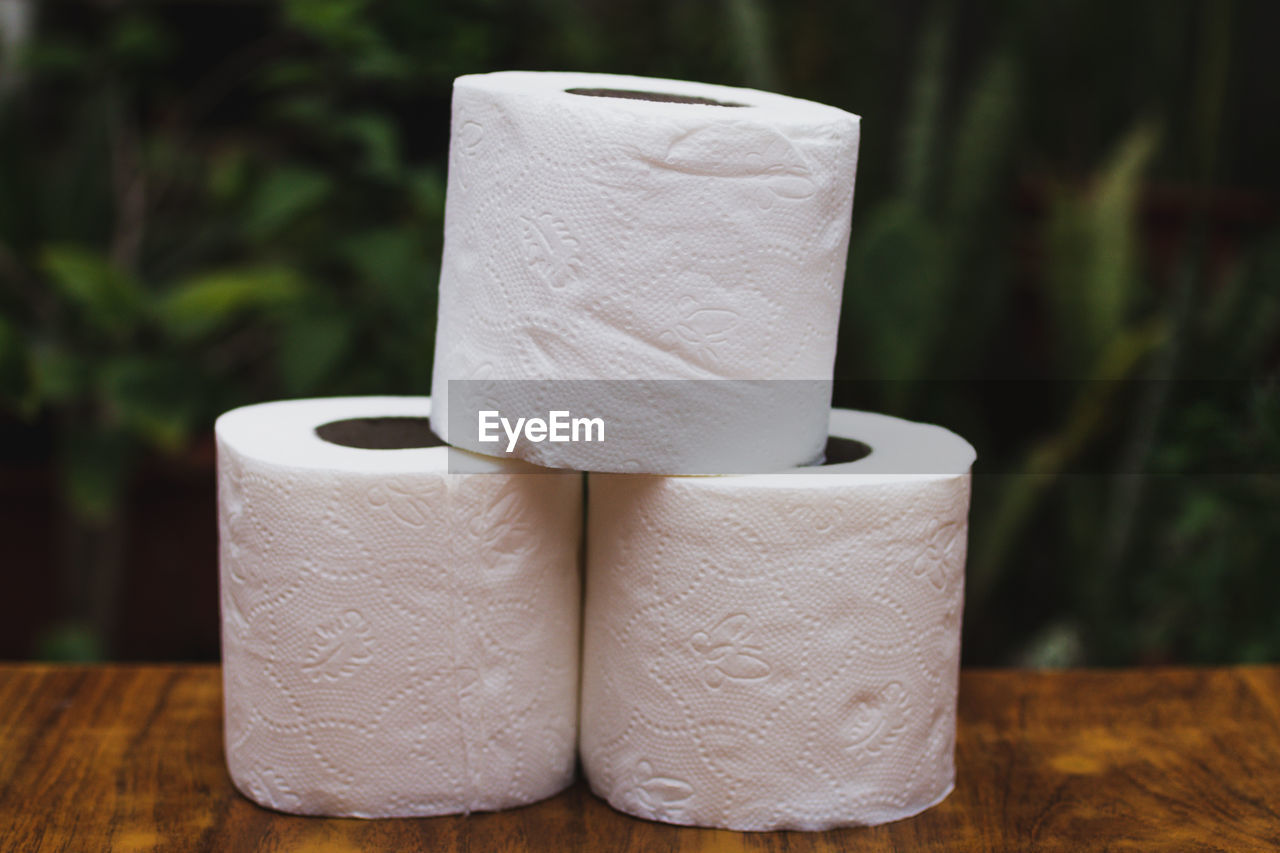 Close up view of toilet paper on table 