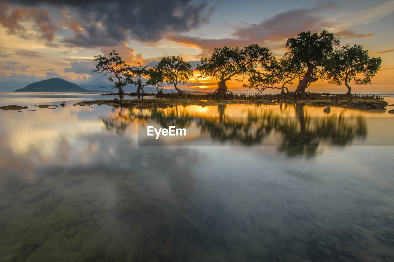 Scenic view of lake against sky during sunset