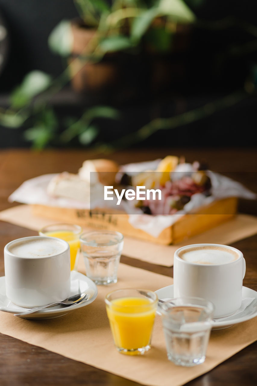 Close-up of breakfast served on table