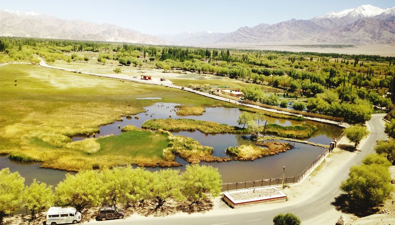 High angle view of lake and landscape