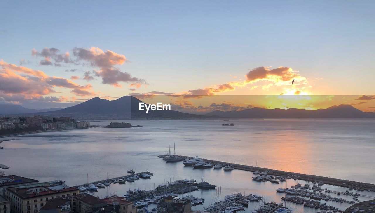 High angle view of sea against sky during sunset