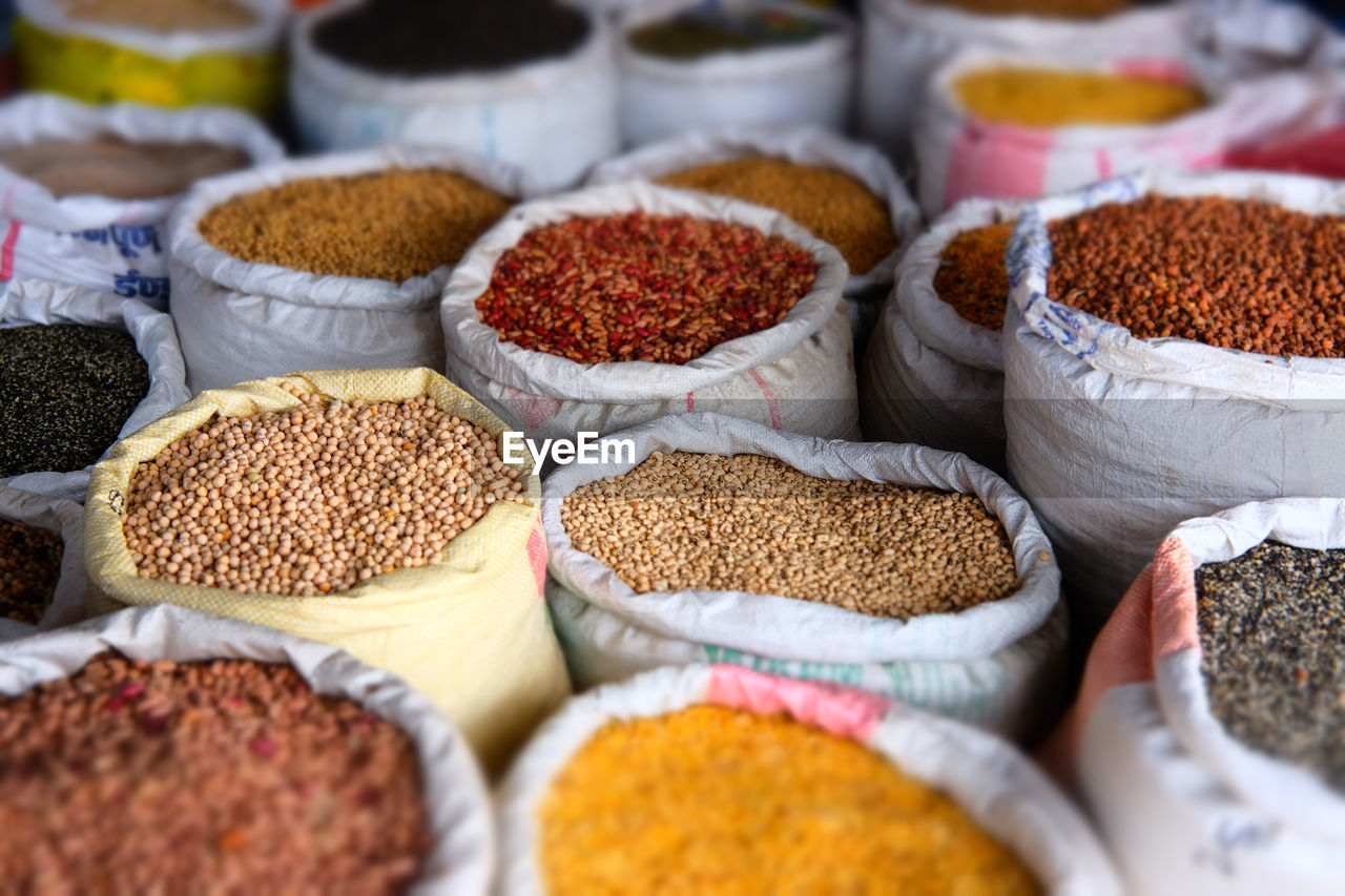 Full frame shot of grains for sale in market