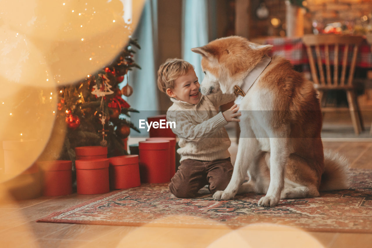 Candid authentic happy little boy in knitted beige sweater hugs dog with bow tie at home on xmas