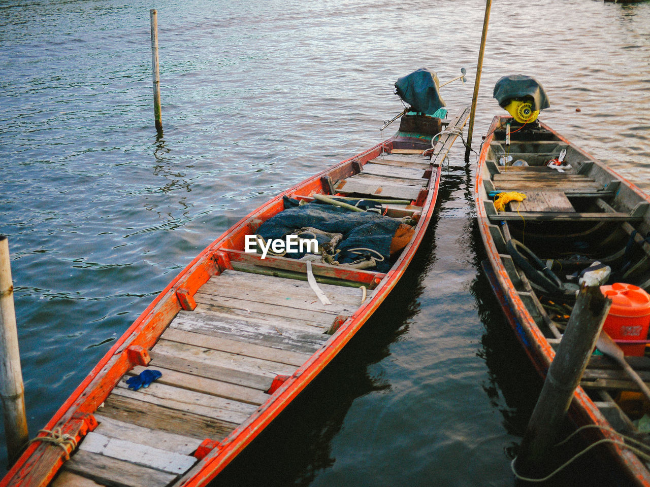 High angle view of boats moored in water