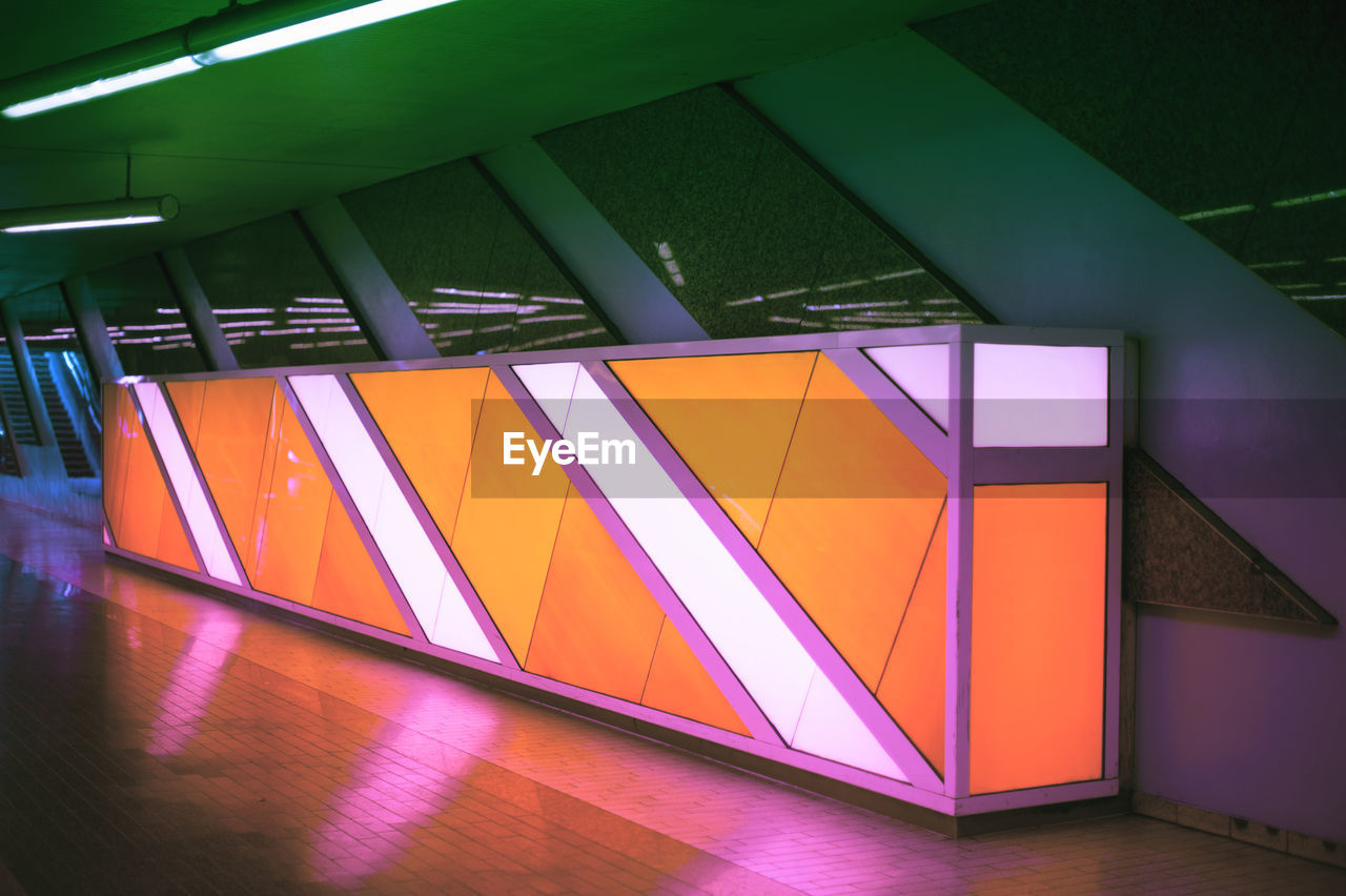 architecture, multi colored, built structure, indoors, light, illuminated, no people, lighting equipment, wall - building feature, building, flooring, ceiling, interior design