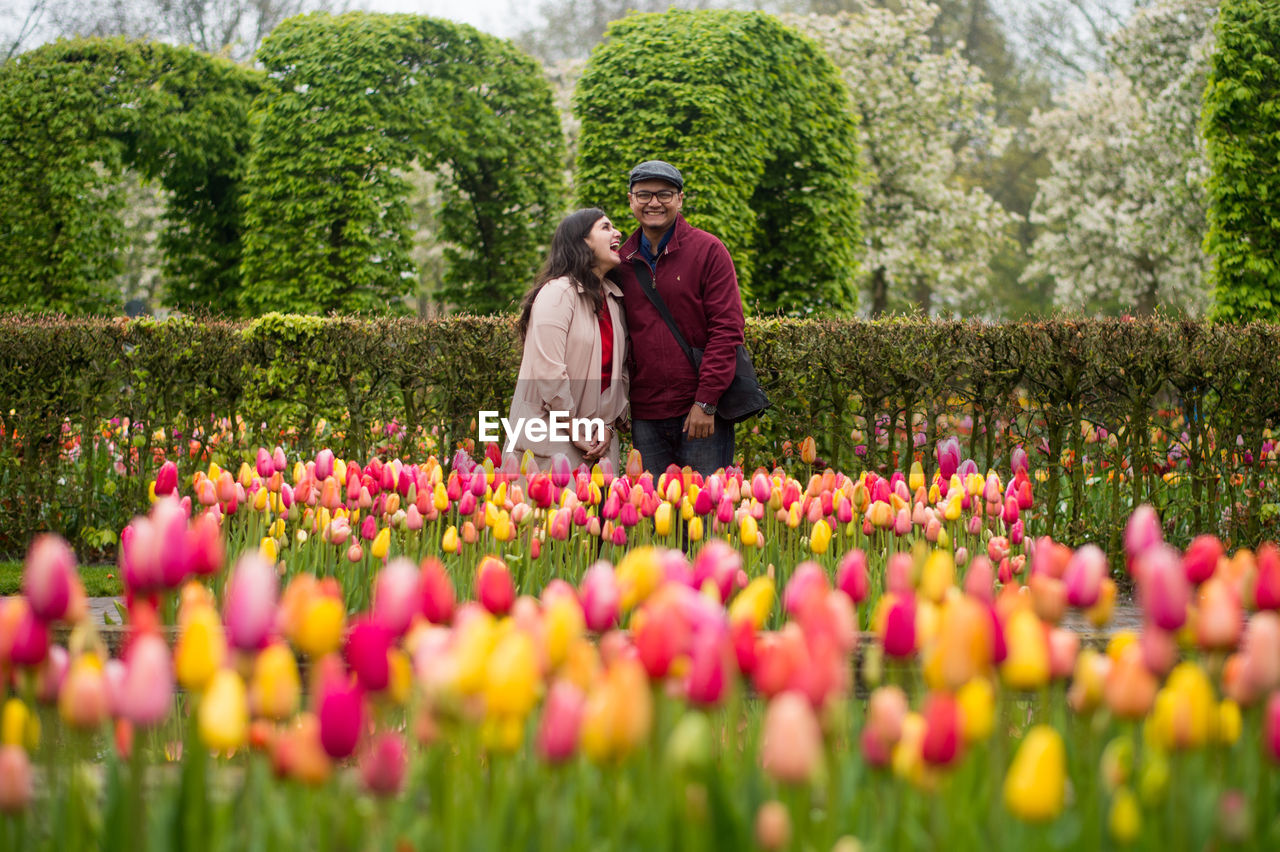 Happy couple standing by tulips at park