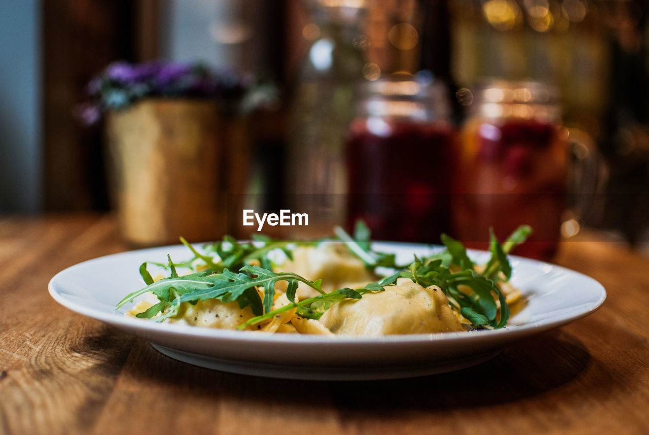 Close-up of food in plate on table