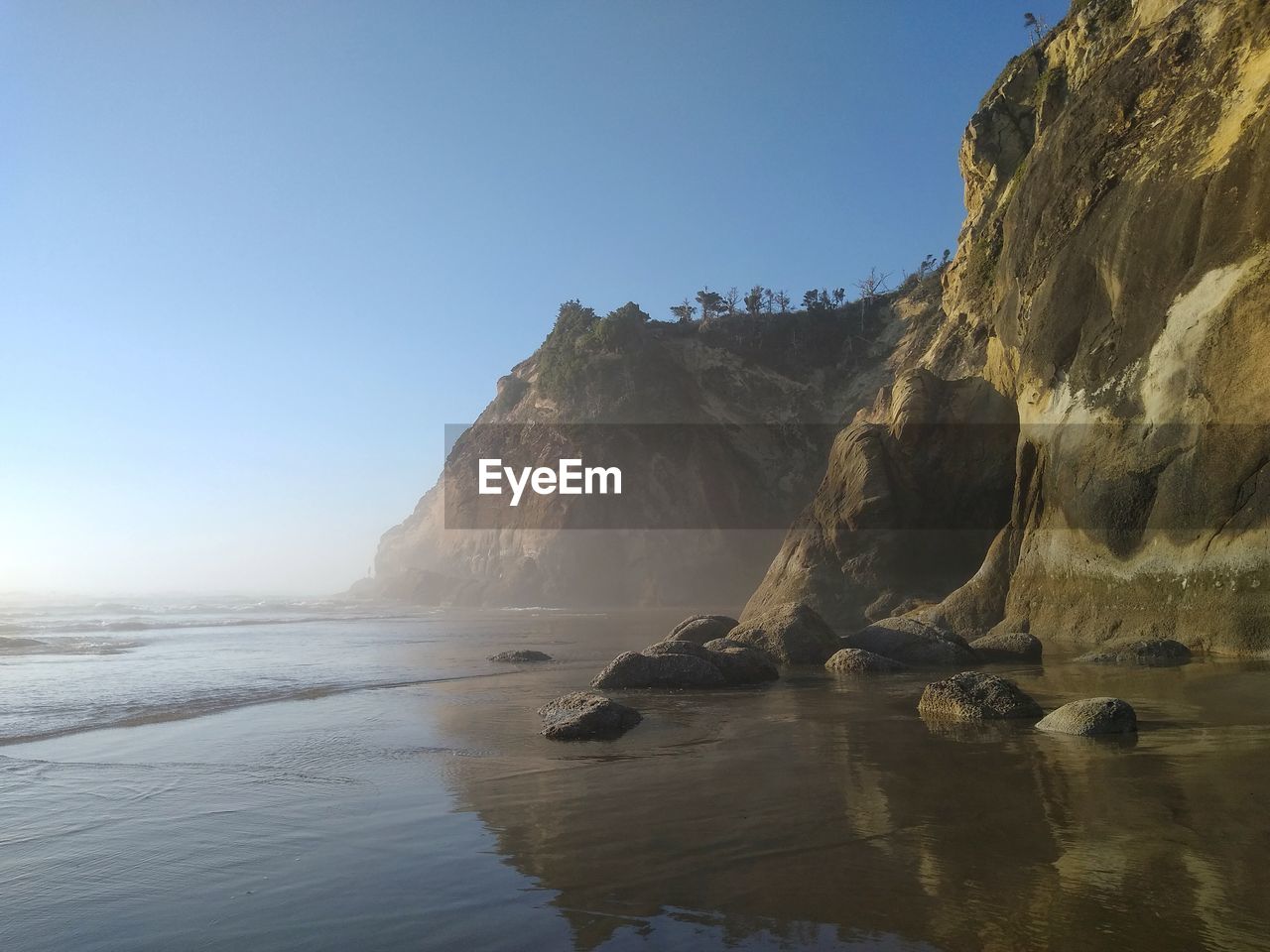 SCENIC VIEW OF ROCKS ON BEACH AGAINST CLEAR SKY