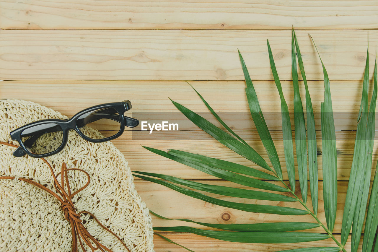 High angle view of sunglasses and leaf on table