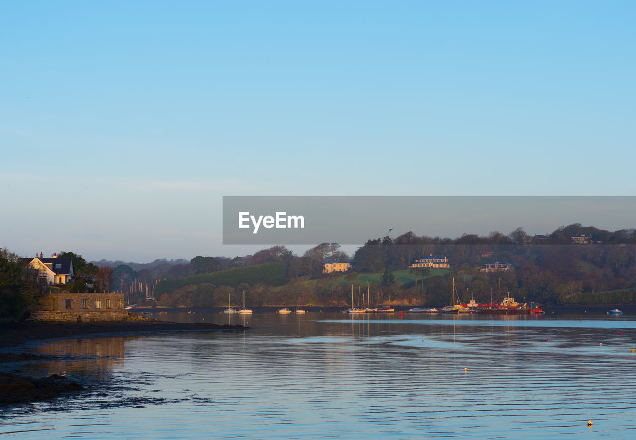 SCENIC VIEW OF LAKE AGAINST CLEAR SKY DURING SUNSET