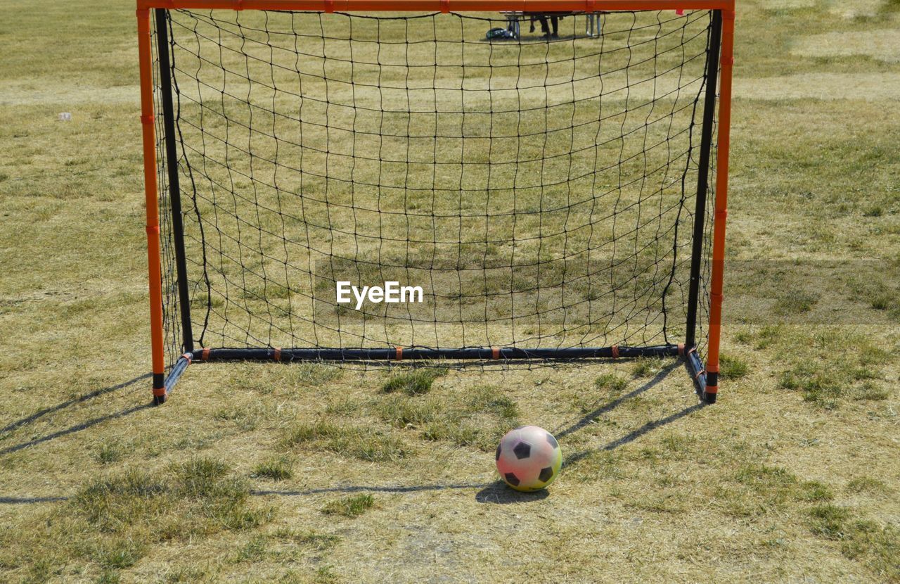 High angle view of soccer ball on field