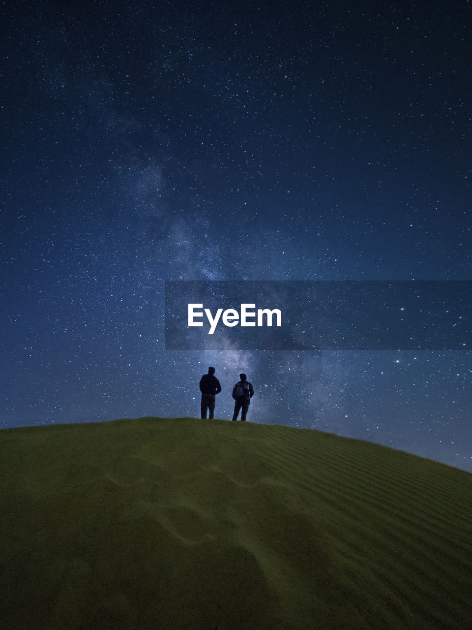 People standing on field against sky at night