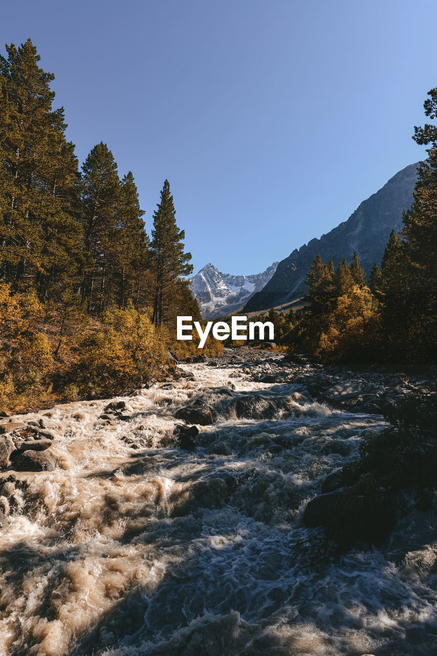 Scenic view of waterfall against clear sky