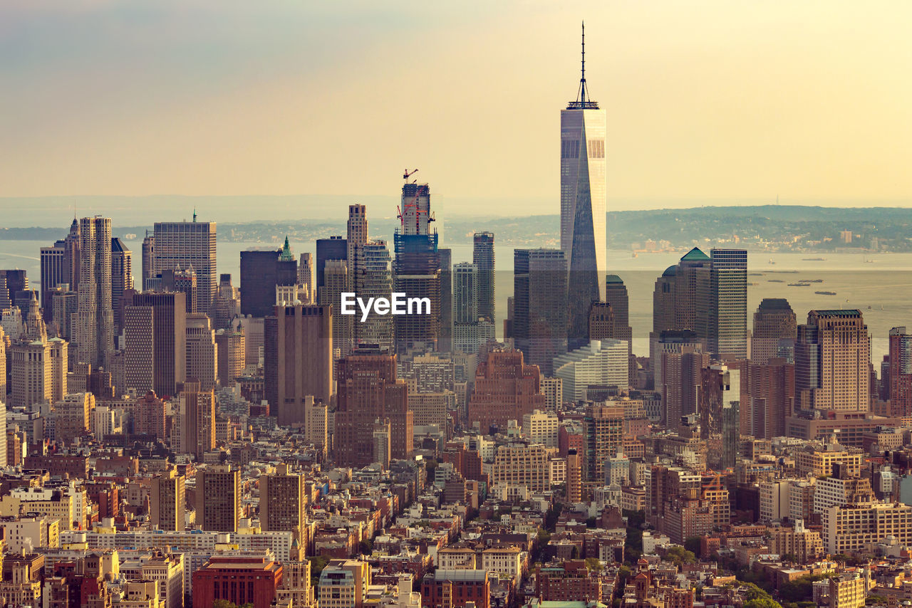 View of manhattan from the top angle at sunset. new york city view from the top. new york city